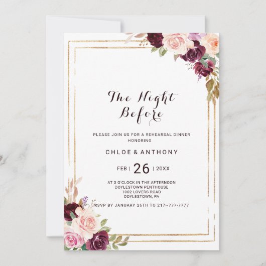 Invitation Floral Bordeaux Géométrique Or La Nuit Avant (Devant)