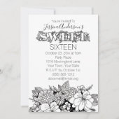 Invitation Floral Botanical Black White Sweet 16 (Devant)
