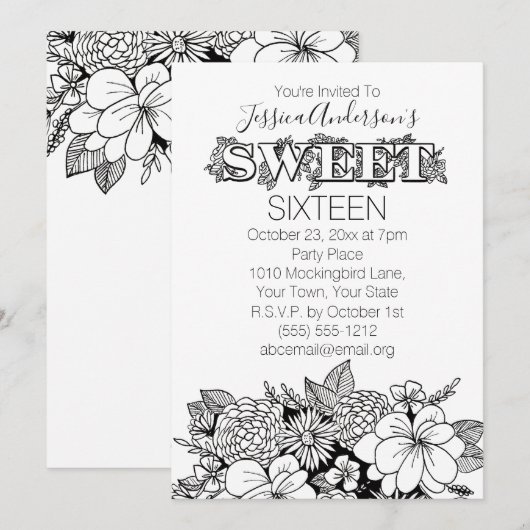 Invitation Floral Botanical Black White Sweet 16 (Devant / Derrière)