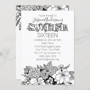 Invitation Floral Botanical Black White Sweet 16