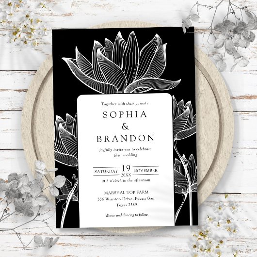 Invitation Floral Botanique Moderne Mariage noir et blanc