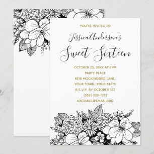 Invitation Floral Botanique Noir Blanc Or Sweet 16