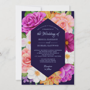 Invitation Floral Botanique violet rose Mariage bleu profond