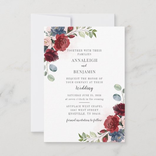 Invitation Floral Bourgogne Aquarelle Mariage de feuillage (Devant)