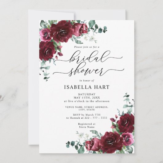 Invitation Floral Bourgogne Aquarelle Marsala Fête des mariée (Devant)