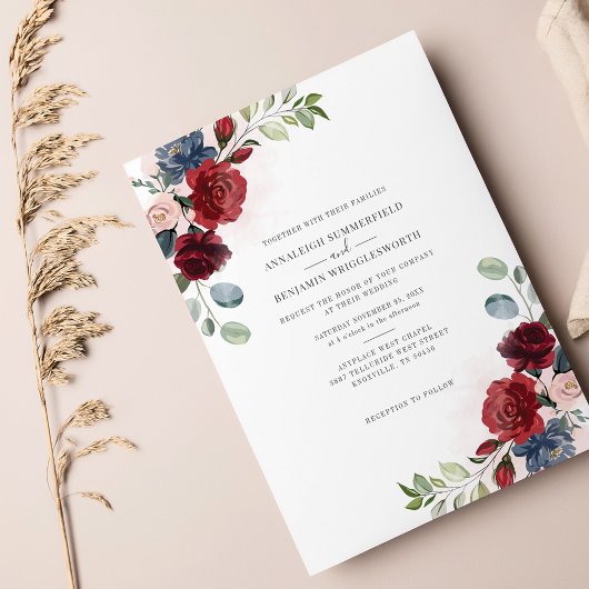 Invitation Floral Bourgogne Aquarelle Verdure Mariage