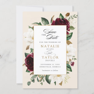 Invitation Floral Bourgogne Beige Magnolia Élégant Date de sa