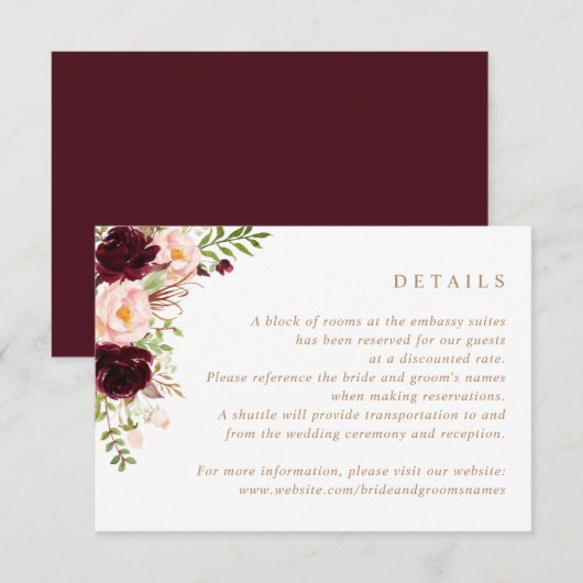 Invitation Floral Bourgogne Blush Greenery Détails du Mariage (Devant / Derrière)