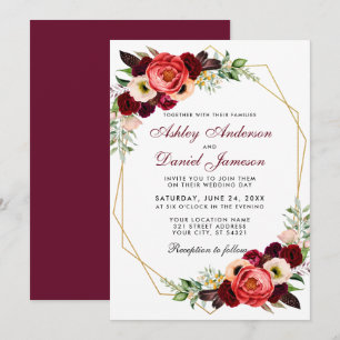 Invitation Floral Bourgogne Boho Mariage Gold Frame B
