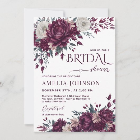 Invitation Floral Bourgogne Cream Love in Bloom Fête des mari (Devant)