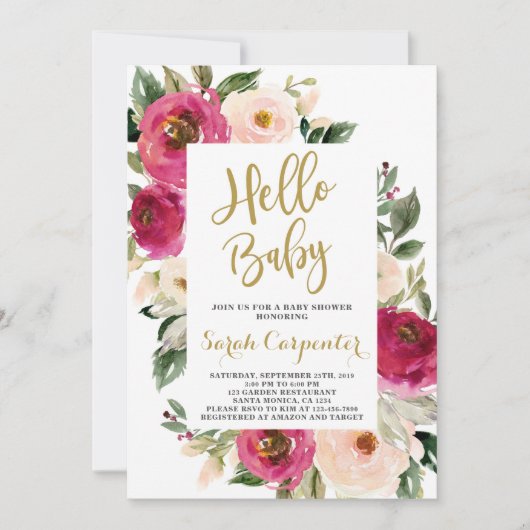 Invitation Floral Bourgogne et rousse fille baby shower (Devant)