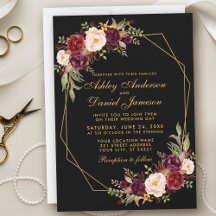 Floral Bourgogne Géométrique Noir Mariage Or