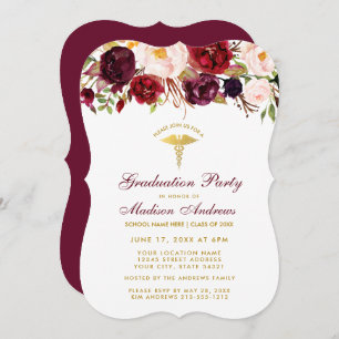 Invitation Floral Bourgogne Gold Médicale Grad Party Invitati