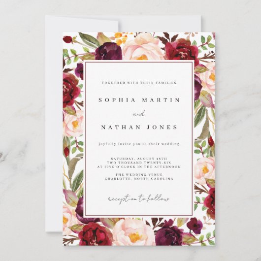 Invitation Floral Bourgogne Mariage d'aquarelle (Devant)