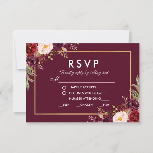 Invitation Floral Bourgogne Mariage Repas RSVP BG Repas (Devant)