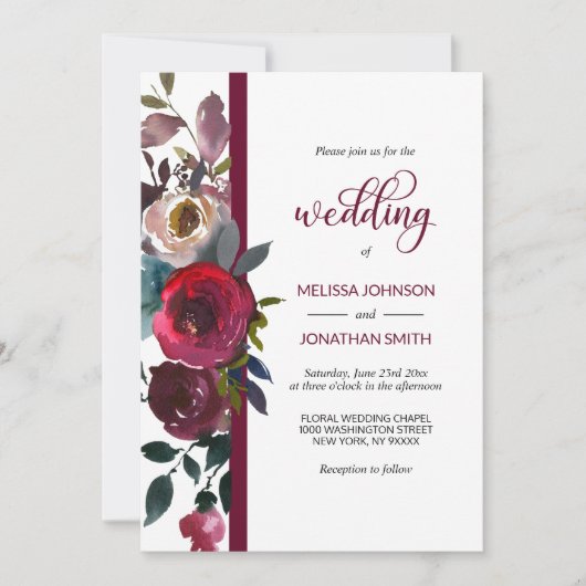 Invitation Floral Bourgogne Marsala Vin Rouge Rose Mariage (Devant)