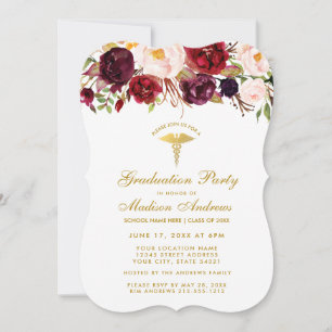 Invitation Floral Bourgogne Médicale Grad Gold Party Invitati