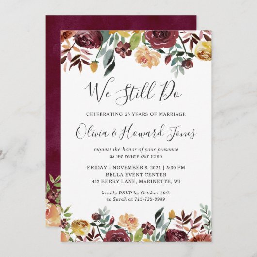 Invitation Floral Bourgogne Nous Faisons Encore Vow Renouvell (Devant / Derrière)