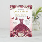 Invitation Floral Bourgogne Or Bilingue espagnol Quinceanera (Debout devant)