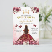 Invitation Floral Bourgogne Or Bilingue espagnol Quinceanera (Debout devant)