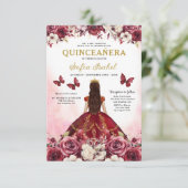 Invitation Floral Bourgogne Or Bilingue espagnol Quinceanera (Debout devant)