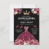 Invitation Floral Bourgogne Or Bilingue espagnol Quinceanera (Devant)