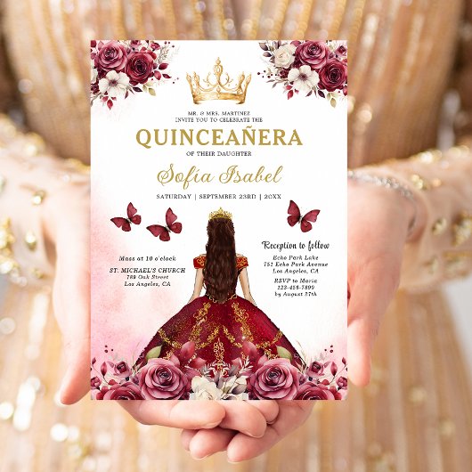 Invitation Floral Bourgogne Or Bilingue espagnol Quinceanera