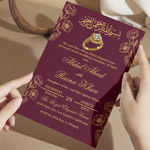 Invitation Floral Bourgogne Or Mariage Musulman Islamique