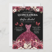Invitation Floral Bourgogne QR Code Princesse Quinceanera (Devant)
