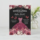 Invitation Floral Bourgogne QR Code Princesse Quinceanera (Debout devant)