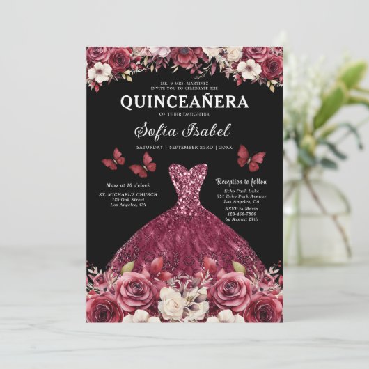 Invitation Floral Bourgogne QR Code Princesse Quinceanera (Debout devant)
