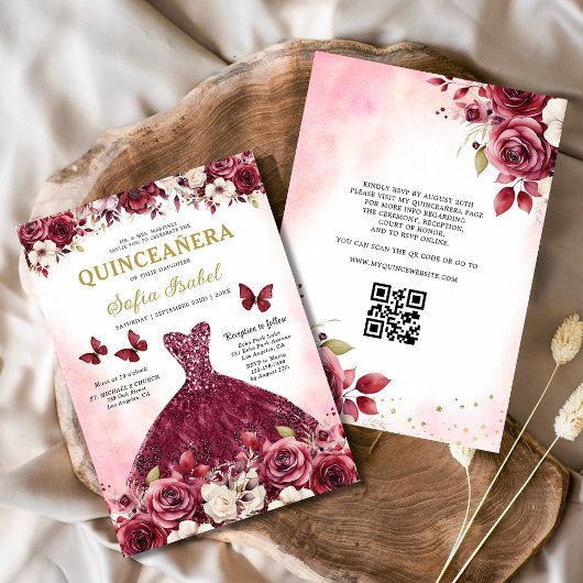 Invitation Floral Bourgogne QR Code Princesse Quinceanera