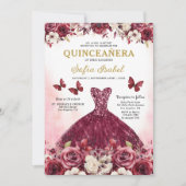 Invitation Floral Bourgogne QR Code Princesse Quinceanera (Devant)