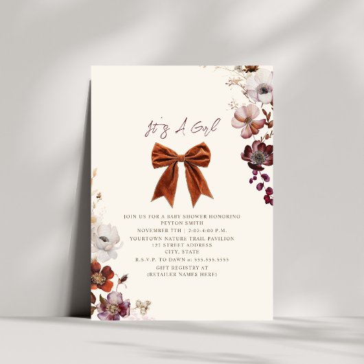 Invitation Floral Bow Automne Baby shower fille d'hiver