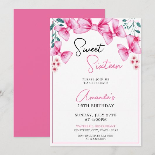 Invitation Floral Bow Coquette Sweet 16 Anniversaire (Devant / Derrière)