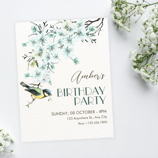 Invitation Floral branch bird spring birthday