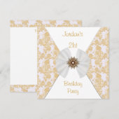 Invitation Floral Brown Gold White Bow 21e fête d'anniversair (Devant / Derrière)