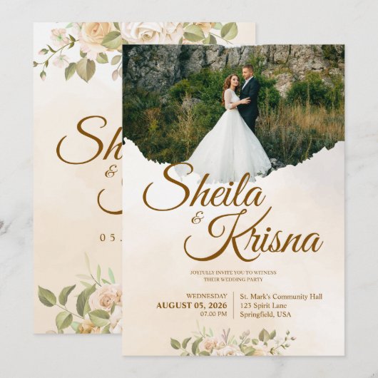 Invitation Floral Brown Pastel Elegance Wedding with Photo (Devant / Derrière)