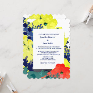 Invitation Floral Brûlé Orange Jaune Marine Bleu Vert Mariage