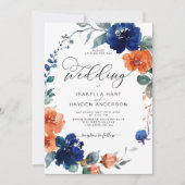 Invitation Floral Brûlé Orange Marine Rust Aquarelle Mariage (Devant)