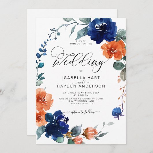 Invitation Floral Brûlé Orange Marine Rust Aquarelle Mariage (Devant / Derrière)