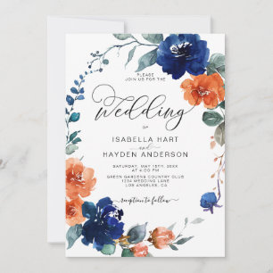 Invitation Floral Brûlé Orange Marine Rust Aquarelle Mariage