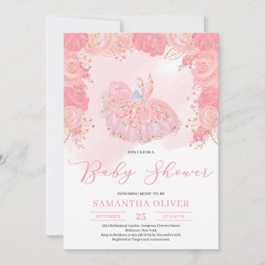 Invitation floral brun, tutu doré Rose (Devant)