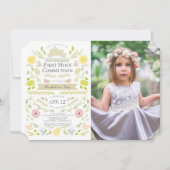 Invitation Floral Bunny Rose Girl Photo Première Sainte Commu (Devant)