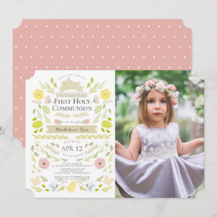 Invitation Floral Bunny Rose Girl Photo Première Sainte Commu