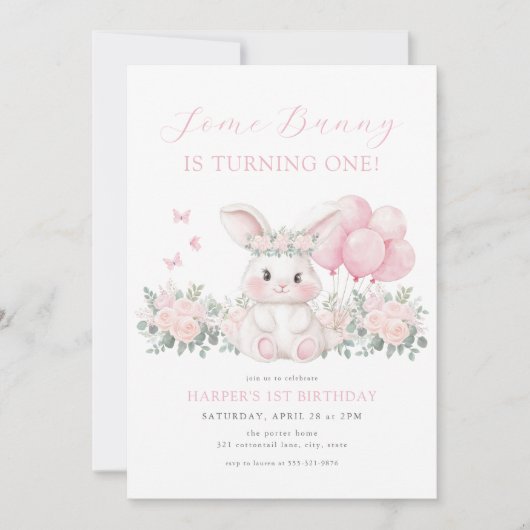 Invitation Floral Bunny Spring Girl Pink Bunny First Birthday (Devant)