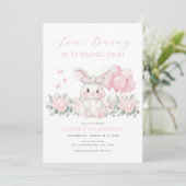 Invitation Floral Bunny Spring Girl Pink Bunny First Birthday (Debout devant)