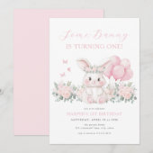 Invitation Floral Bunny Spring Girl Pink Bunny First Birthday (Devant / Derrière)
