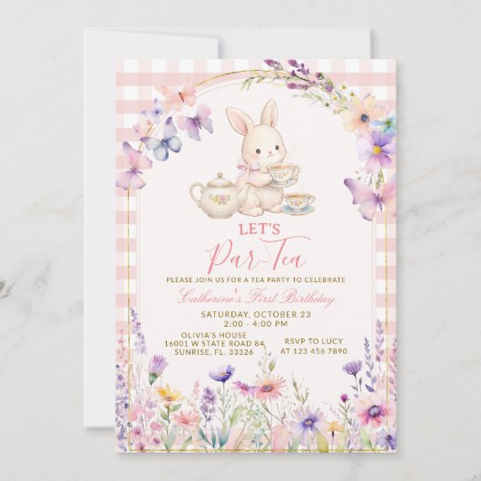 Invitation Floral Bunny Tea Party Birthday Pink Gingham (Devant)