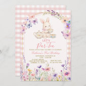 Invitation Floral Bunny Tea Party Birthday Pink Gingham (Devant / Derrière)